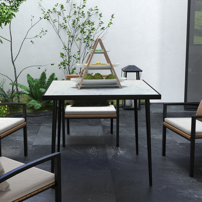 Outdoor Dining Table for 4 with Marble Effect Tempered Glass Top White