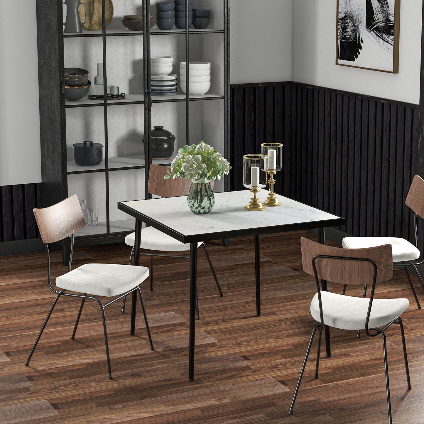 Outdoor Dining Table for 4 with Marble Effect Tempered Glass Top White