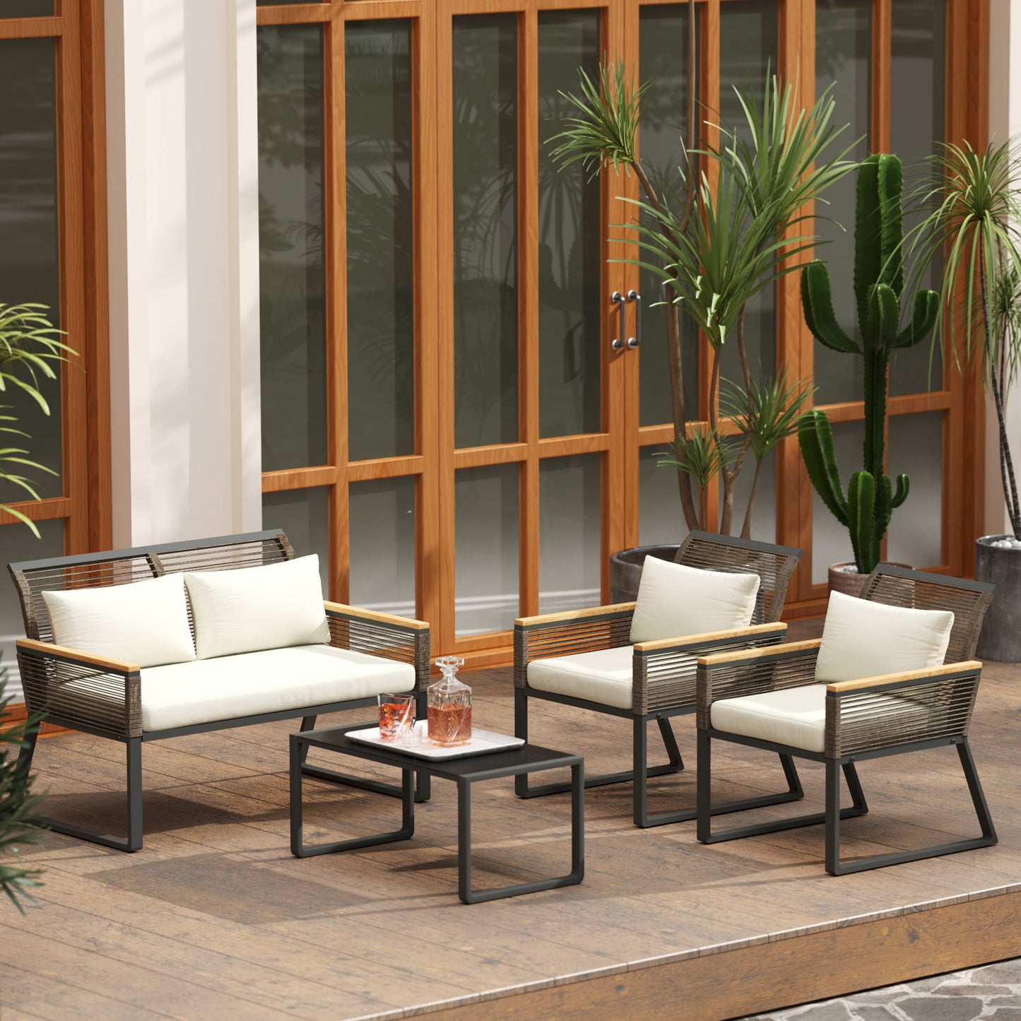 4 Seater Round Wicker Rope Garden Furniture Set with Cushions Grey