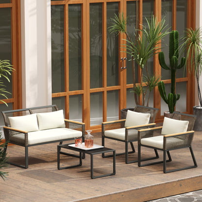 4 Seater Round Wicker Rope Garden Furniture Set with Cushions Grey