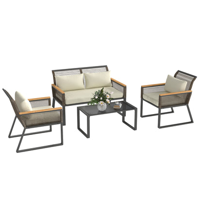 4 Seater Round Wicker Rope Garden Furniture Set with Cushions Grey