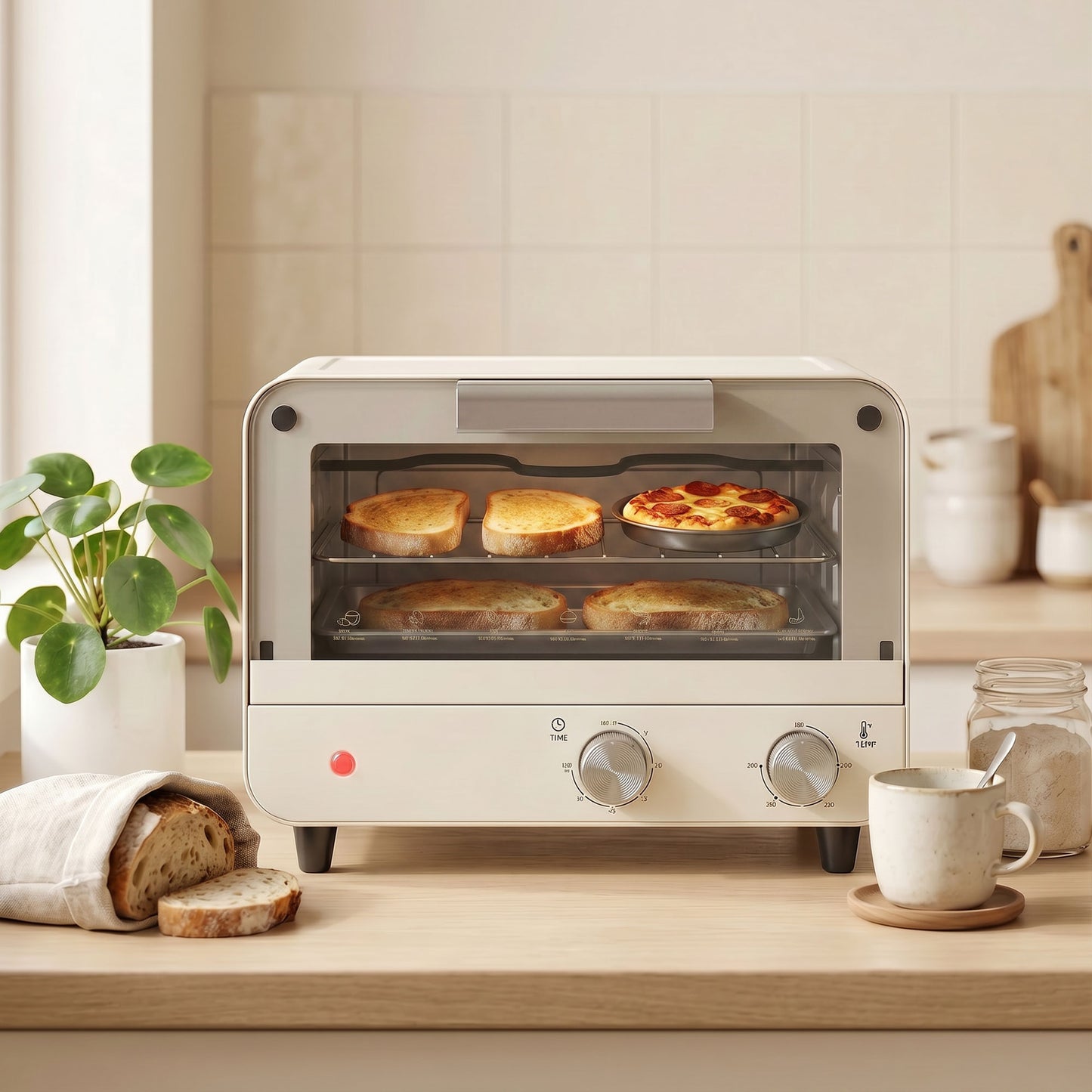 Small Toaster Oven, 12L Multifunction Mini Countertop Oven with Glass Door, Adjustable Temperature, Timer, Wire Rack & Baking Tray, 750W, Cream White