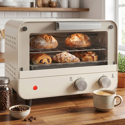 Small Toaster Oven, 12L Multifunction Mini Countertop Oven with Glass Door, Adjustable Temperature, Timer, Wire Rack & Baking Tray, 750W, Cream White