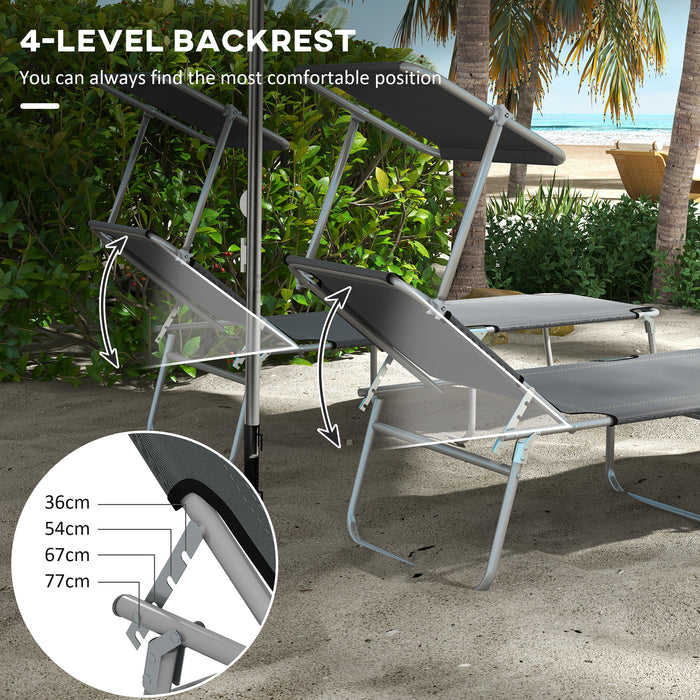 Outdoor Foldable Sun Lounger Set of 2, 4 Level Adjustable Backrest Reclining Sun Lounger Chair with Angle Adjust Sun Shade Awning for Beach, Garden, Patio, Grey