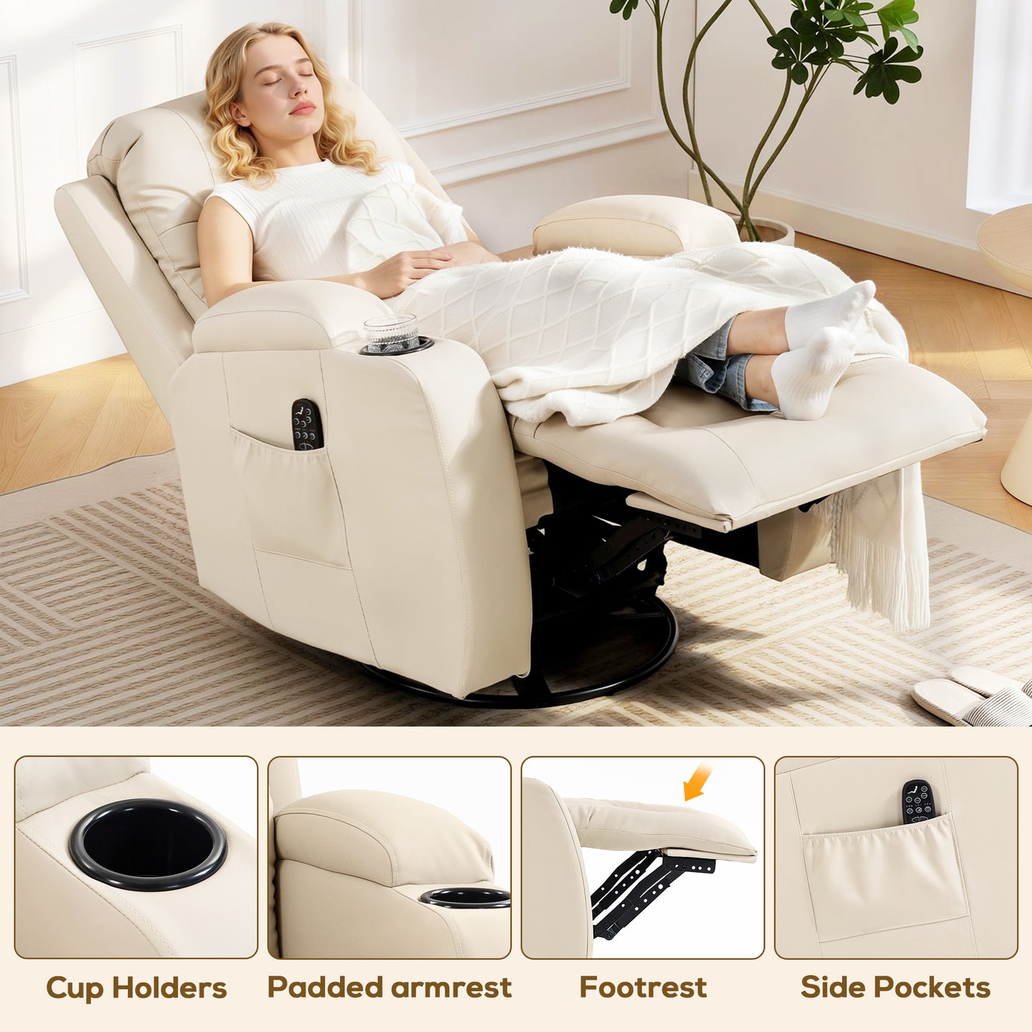 Massage Recliner Chair with 8 Vibration & Heat, Cream