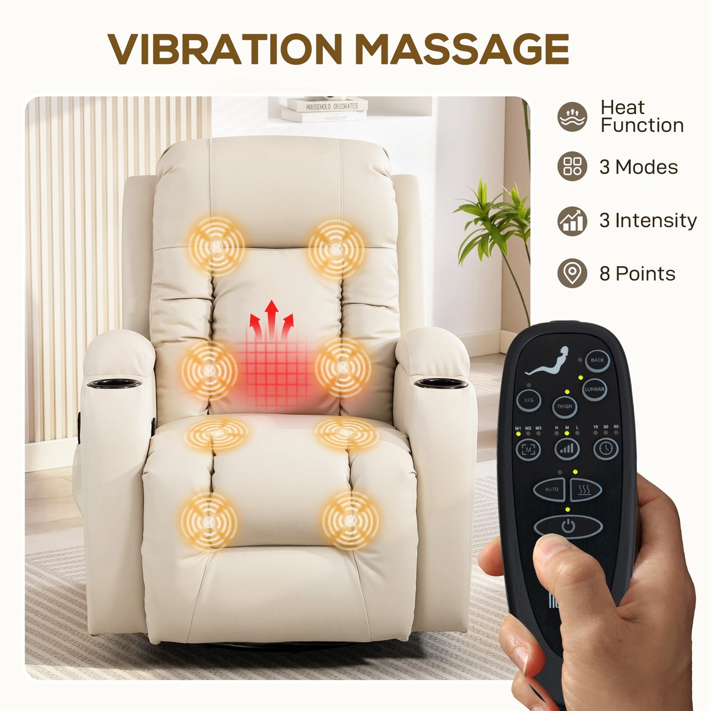 Massage Recliner Chair with 8 Vibration & Heat, Cream