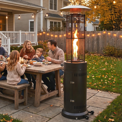 11 KW Freestanding Gas Patio Heater, Adjustable Outdoor Garden Propane Heater with Tip-Over Switch, Wheels, Pulse Ignition, Tank Room with Openable Door, Black