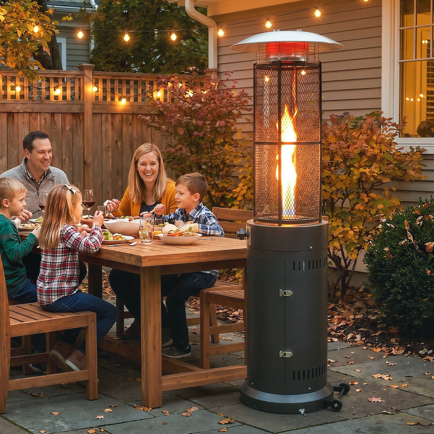 11 KW Freestanding Gas Patio Heater, Adjustable Outdoor Garden Propane Heater with Tip-Over Switch, Wheels, Pulse Ignition, Tank Room with Openable Door, Black