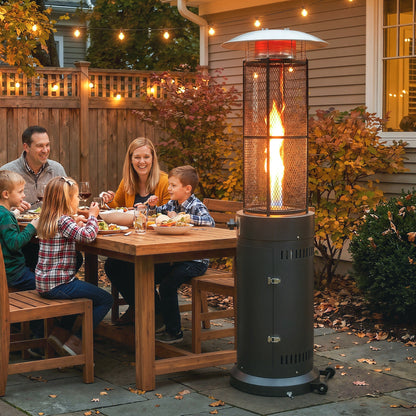 11 KW Freestanding Gas Patio Heater, Adjustable Outdoor Garden Propane Heater with Tip-Over Switch, Wheels, Pulse Ignition, Tank Room with Openable Door, Black