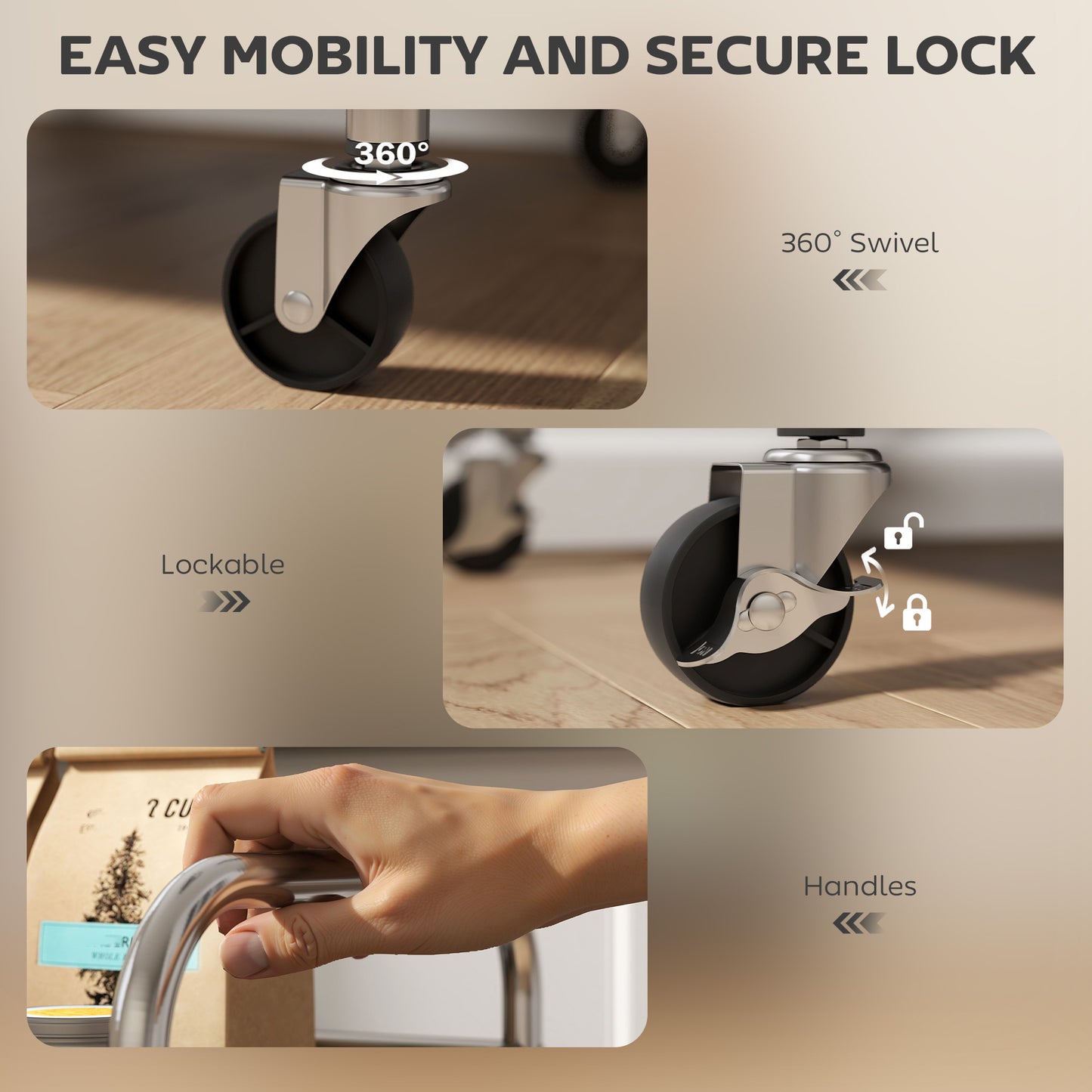 3 Tier Kitchen Trolley on Wheels Serving Cart with Handles Silver