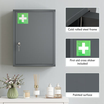 3-Tier Lockable Wall-Mounted Steel Medicine Cabinet with 2 Keys - Smoke Grey