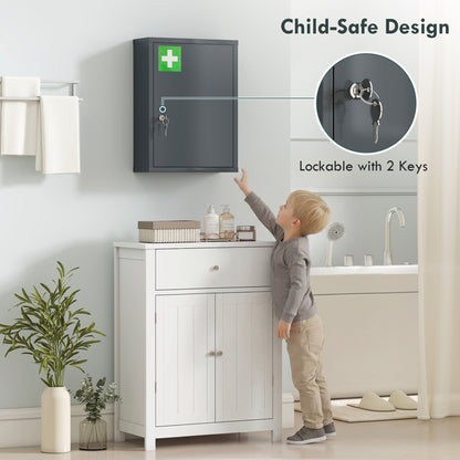 3-Tier Lockable Wall-Mounted Steel Medicine Cabinet with 2 Keys - Smoke Grey