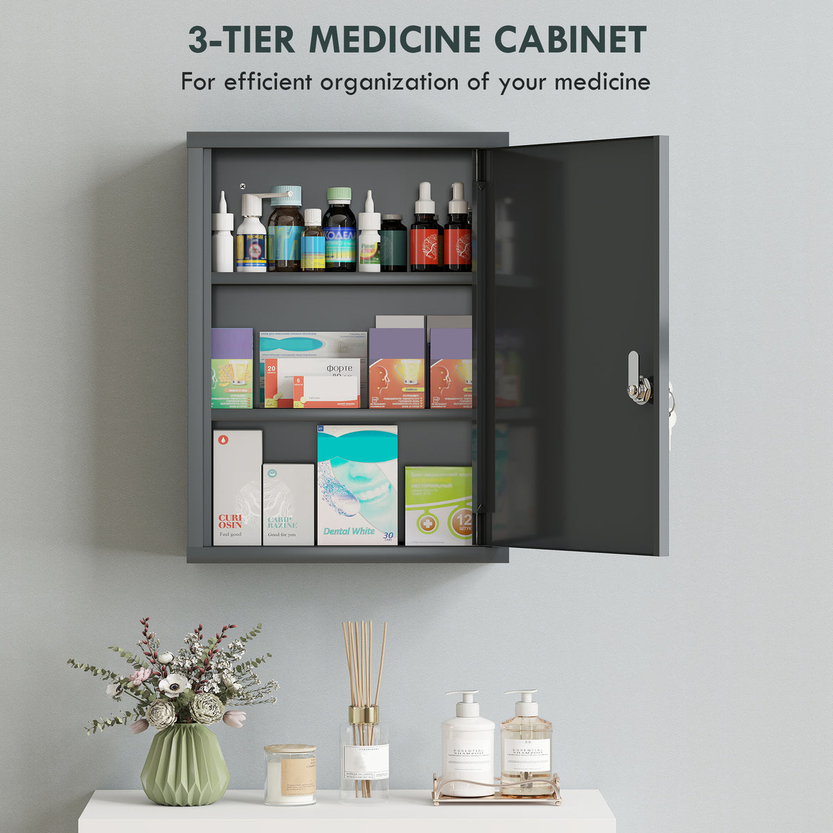 3-Tier Lockable Wall-Mounted Steel Medicine Cabinet with 2 Keys - Smoke Grey