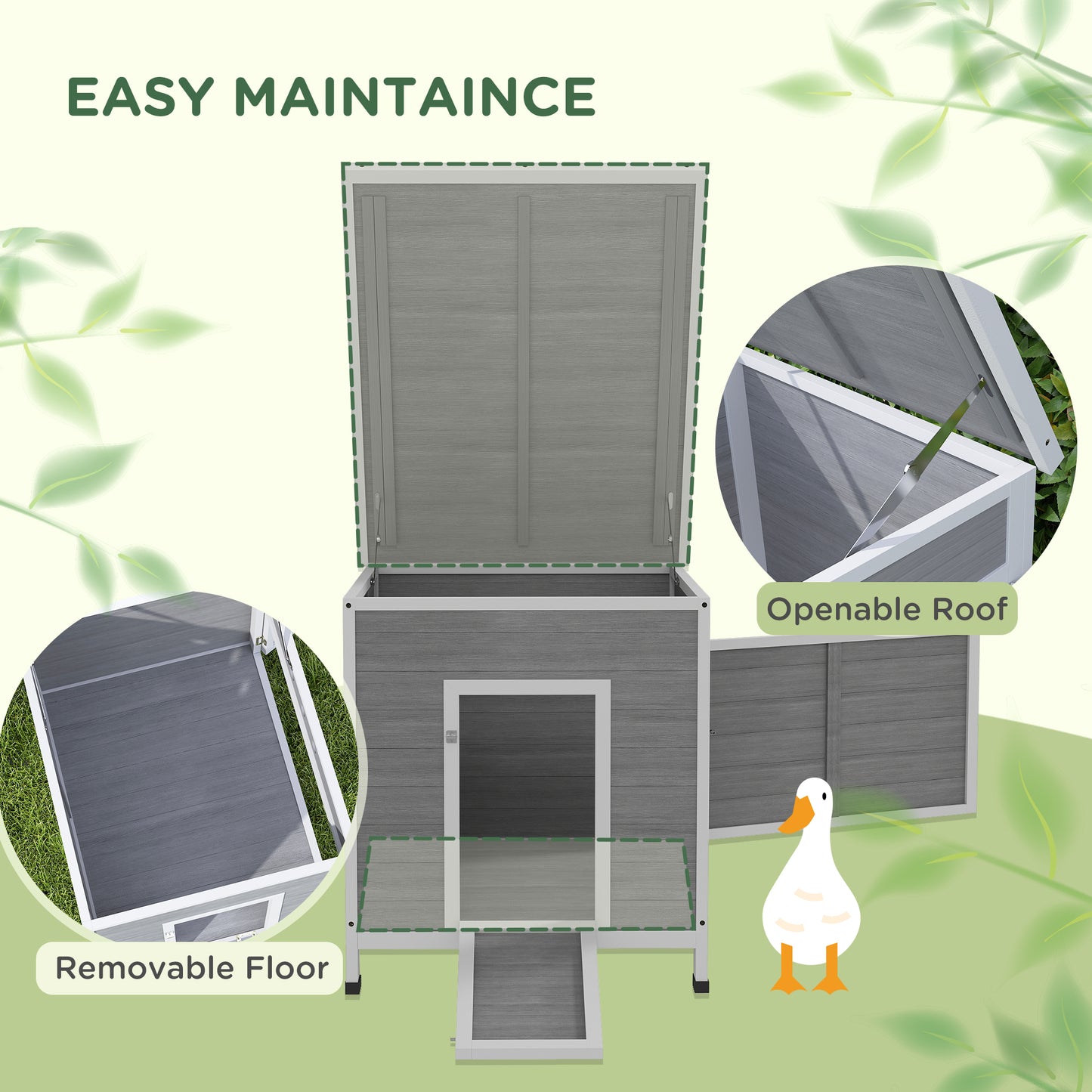 Wooden Duck House, Raised Poultry Coop with Ramp, Double Doors, Openable Asphalt Roof, Ventilation Holes, Removable Base, for 2-4 Ducks, Chickens, Geese, Light Grey