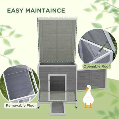Wooden Duck House, Raised Poultry Coop with Ramp, Double Doors, Openable Asphalt Roof, Ventilation Holes, Removable Base, for 2-4 Ducks, Chickens, Geese, Light Grey