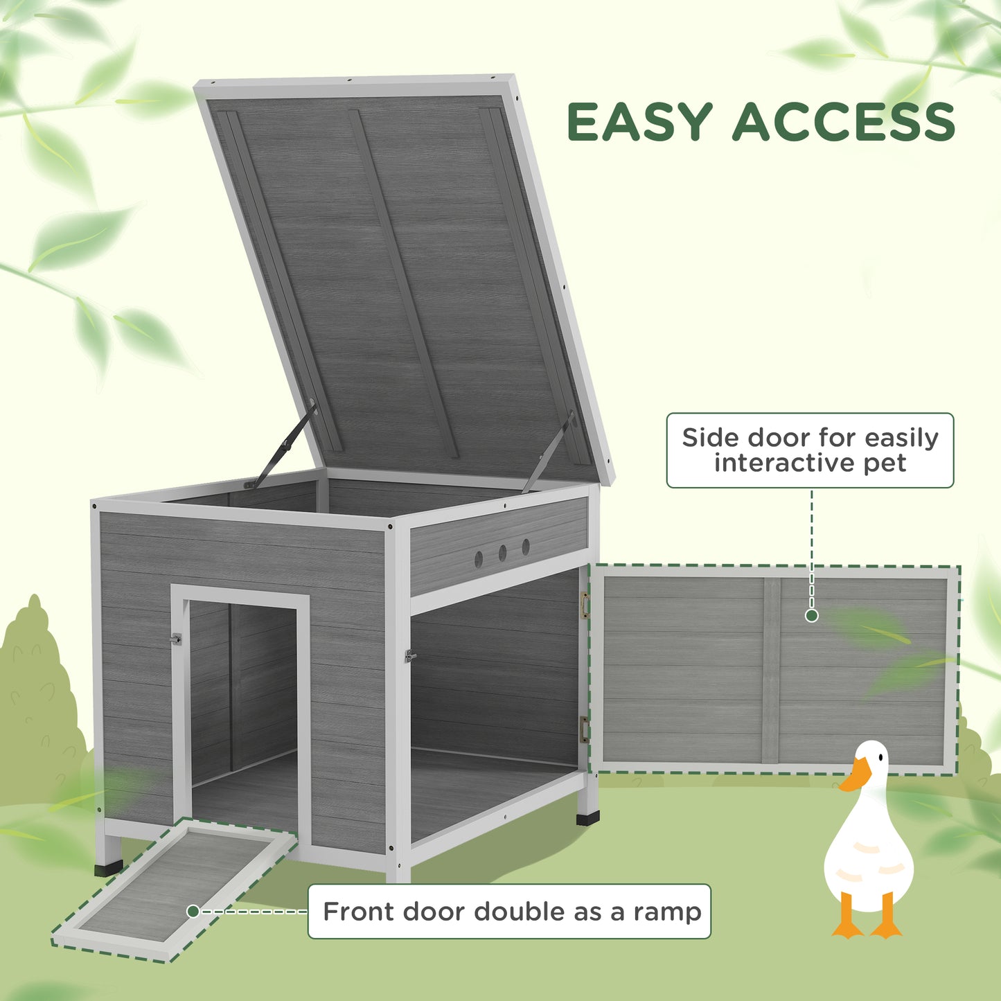 Wooden Duck House, Poultry Coop w/ Double Doors, Openable Roof, Grey