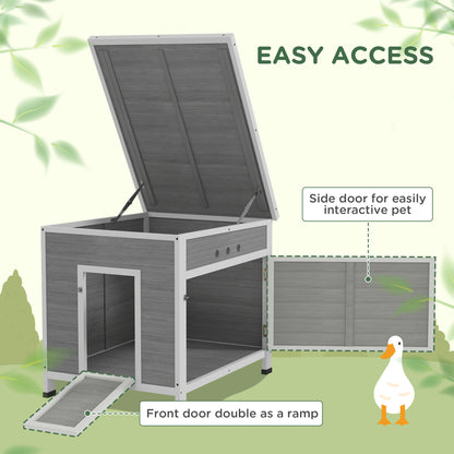 Wooden Duck House, Raised Poultry Coop with Ramp, Double Doors, Openable Asphalt Roof, Ventilation Holes, Removable Base, for 2-4 Ducks, Chickens, Geese, Light Grey