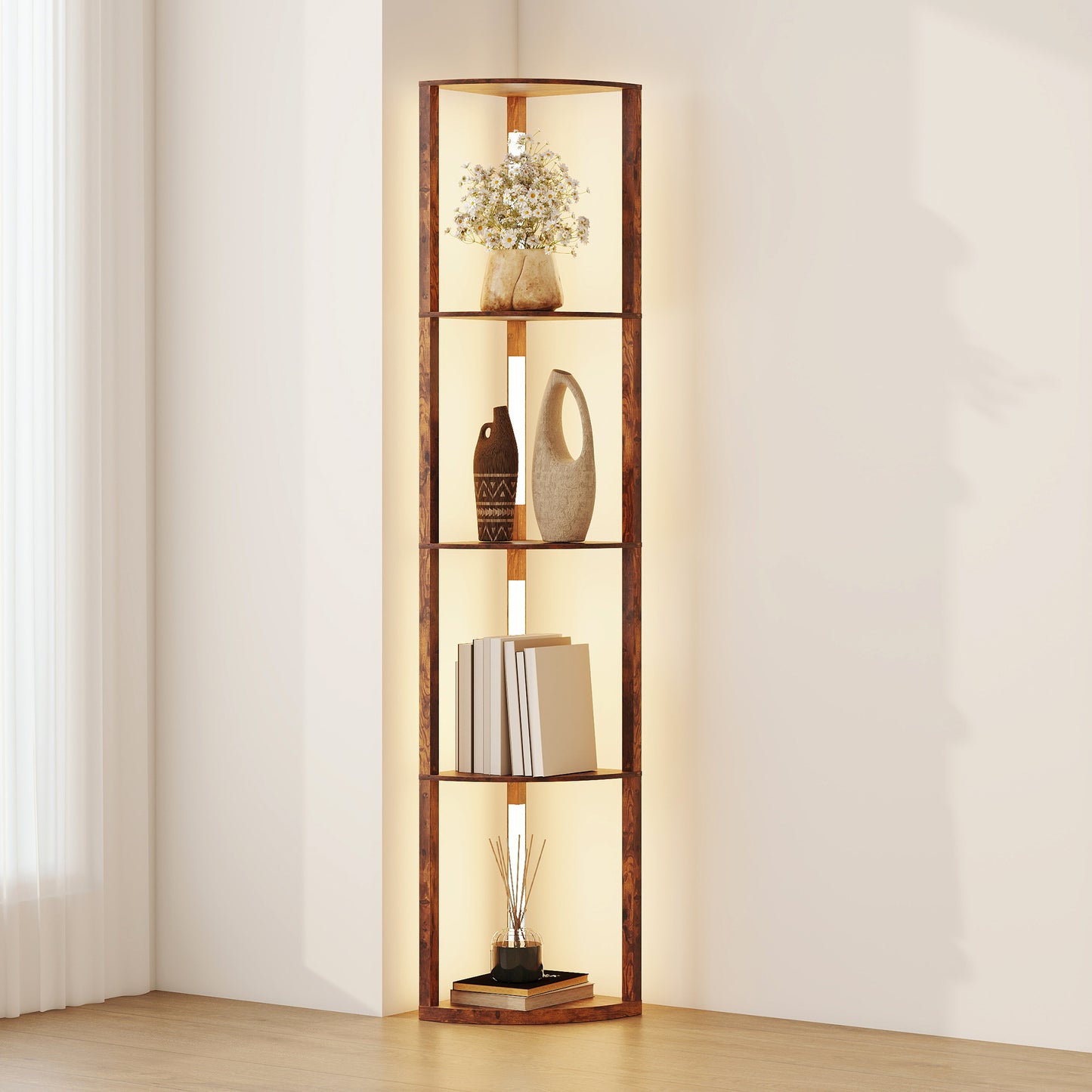 Corner Floor Lamp with Dimmable Warm White LED Light, Rustic Brown