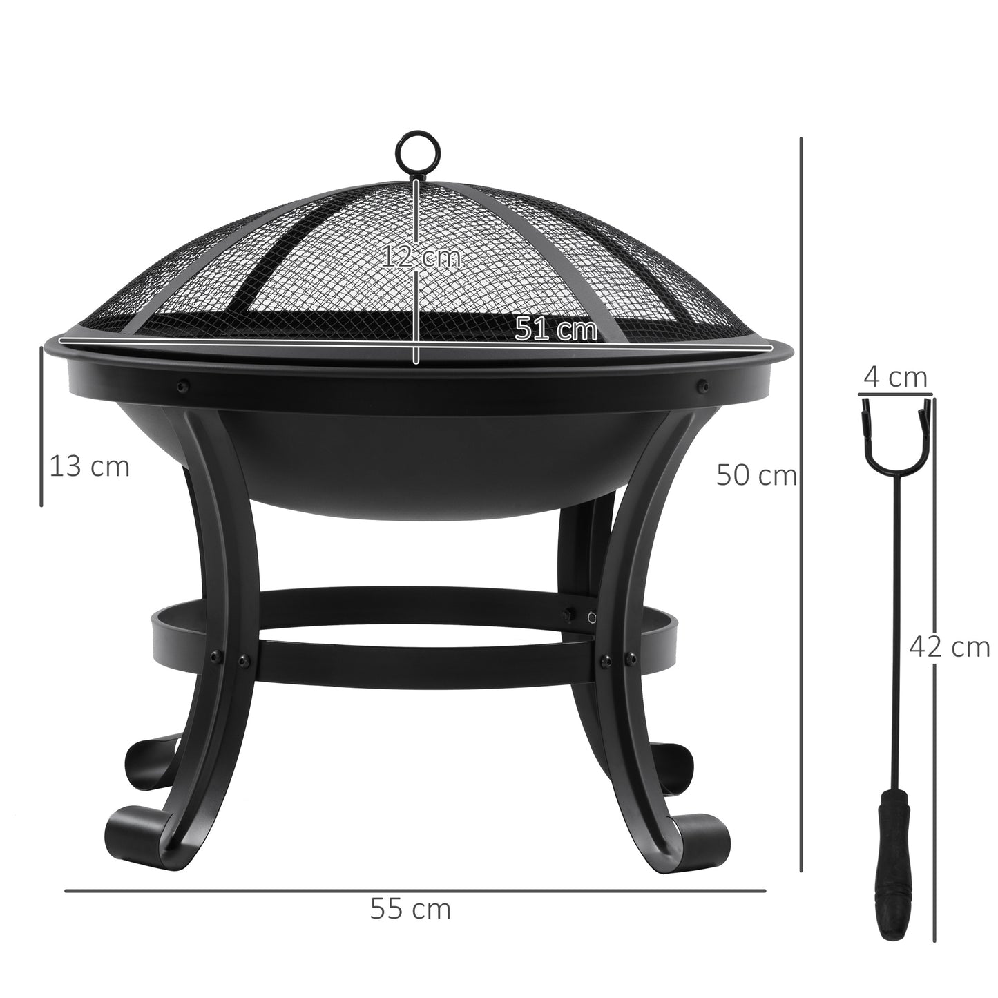 Outdoor Fire Pit, Wood Burner with Screen and Poker, Black