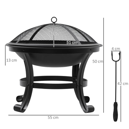 Outdoor Fire Pit, Wood Burner with Screen and Poker, Black