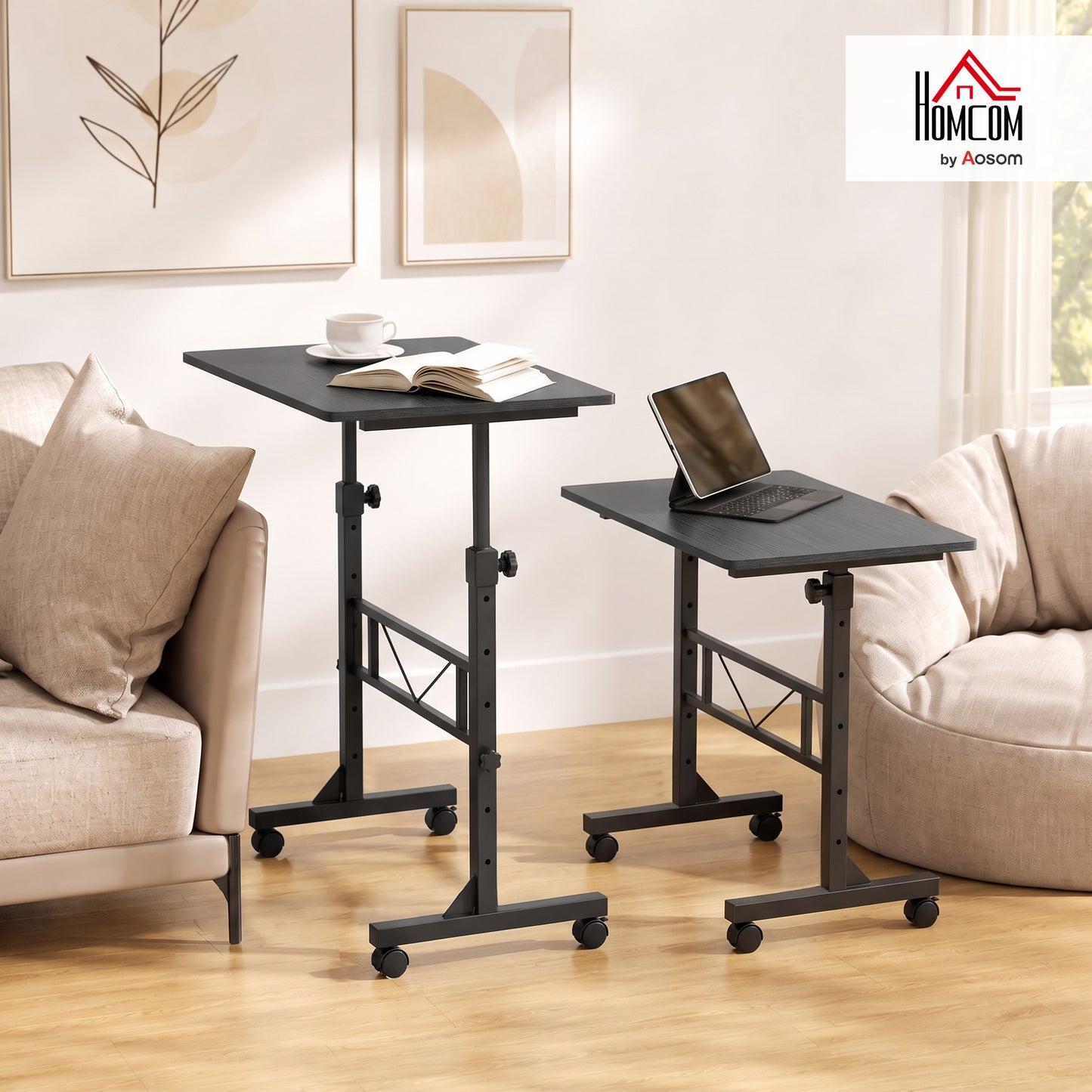 Overbed Table Adjustable Height with Steel Frame Black