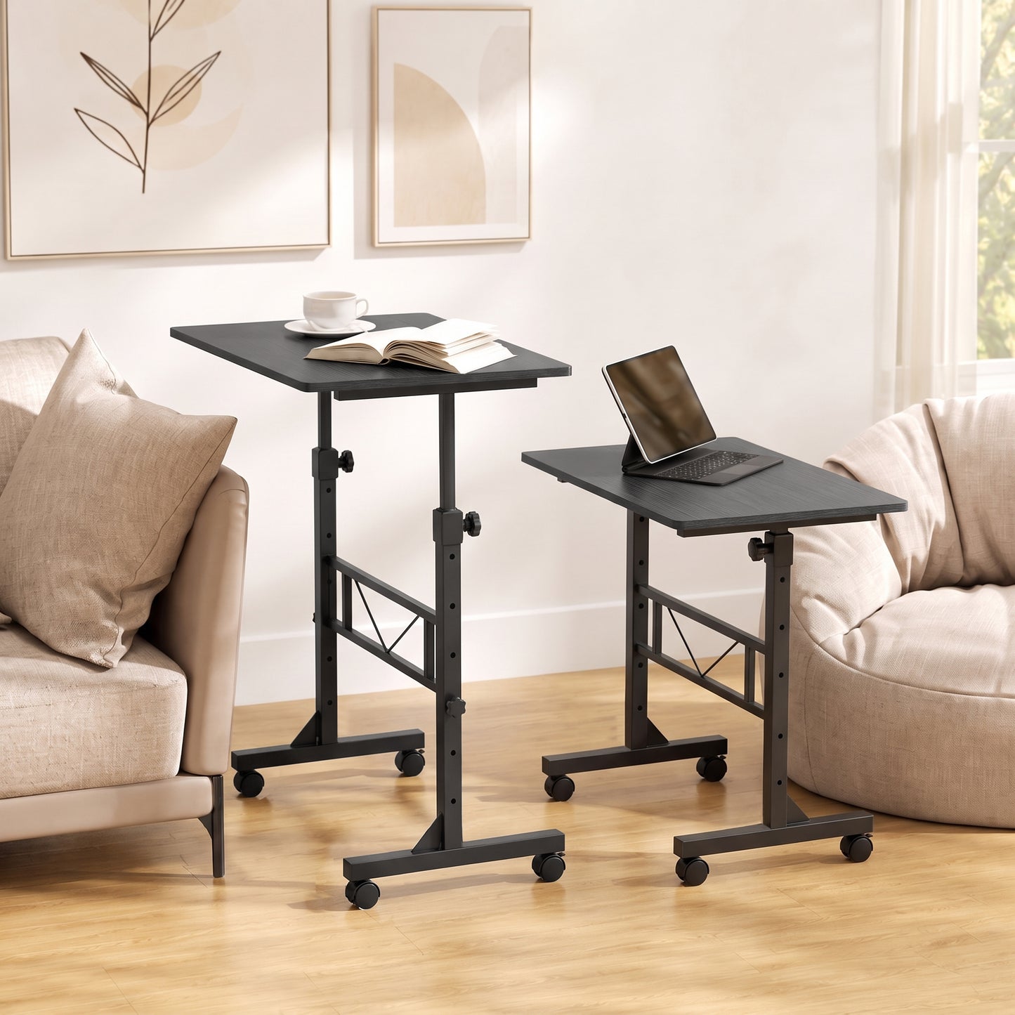 Overbed Table Adjustable Height with Steel Frame Black