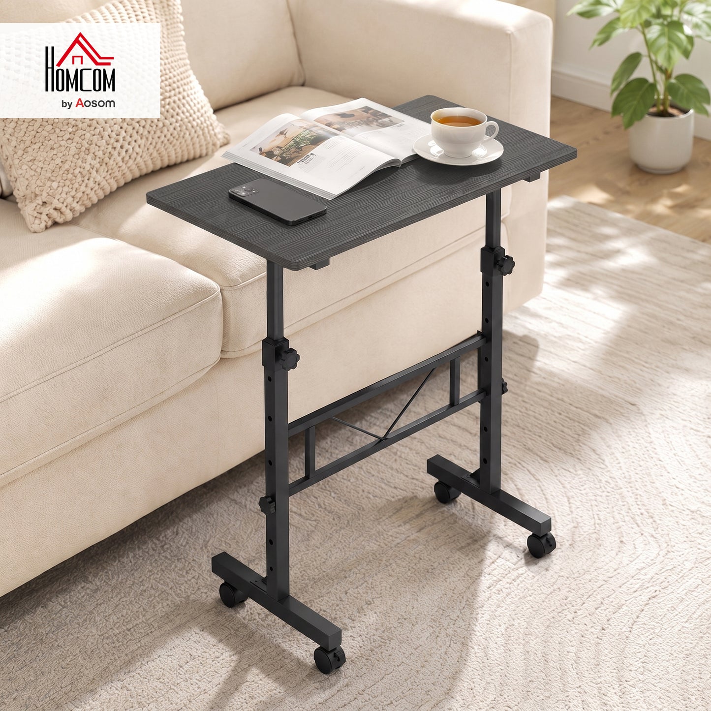 Overbed Table Adjustable Height with Steel Frame Black