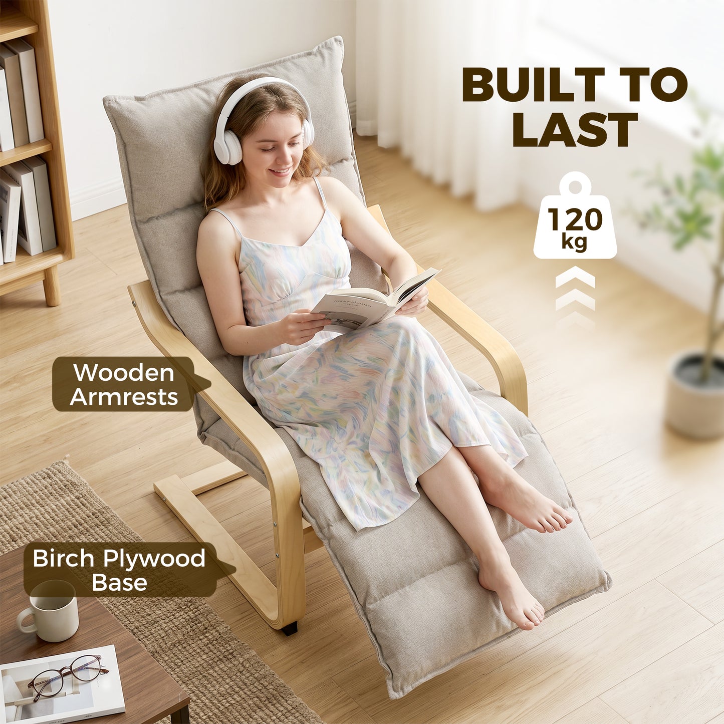 Lounge Chair with Wooden Frame for Living Room, Bedroom, Light Brown