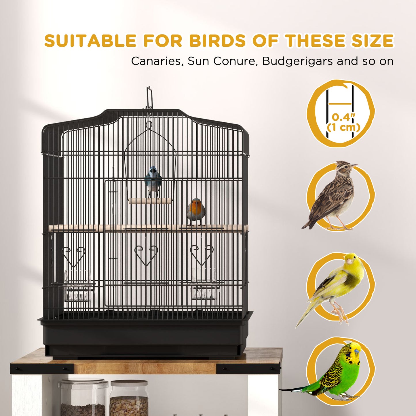 59cm Large Bird Cage with Perches, Food Bowls, Swing, Black