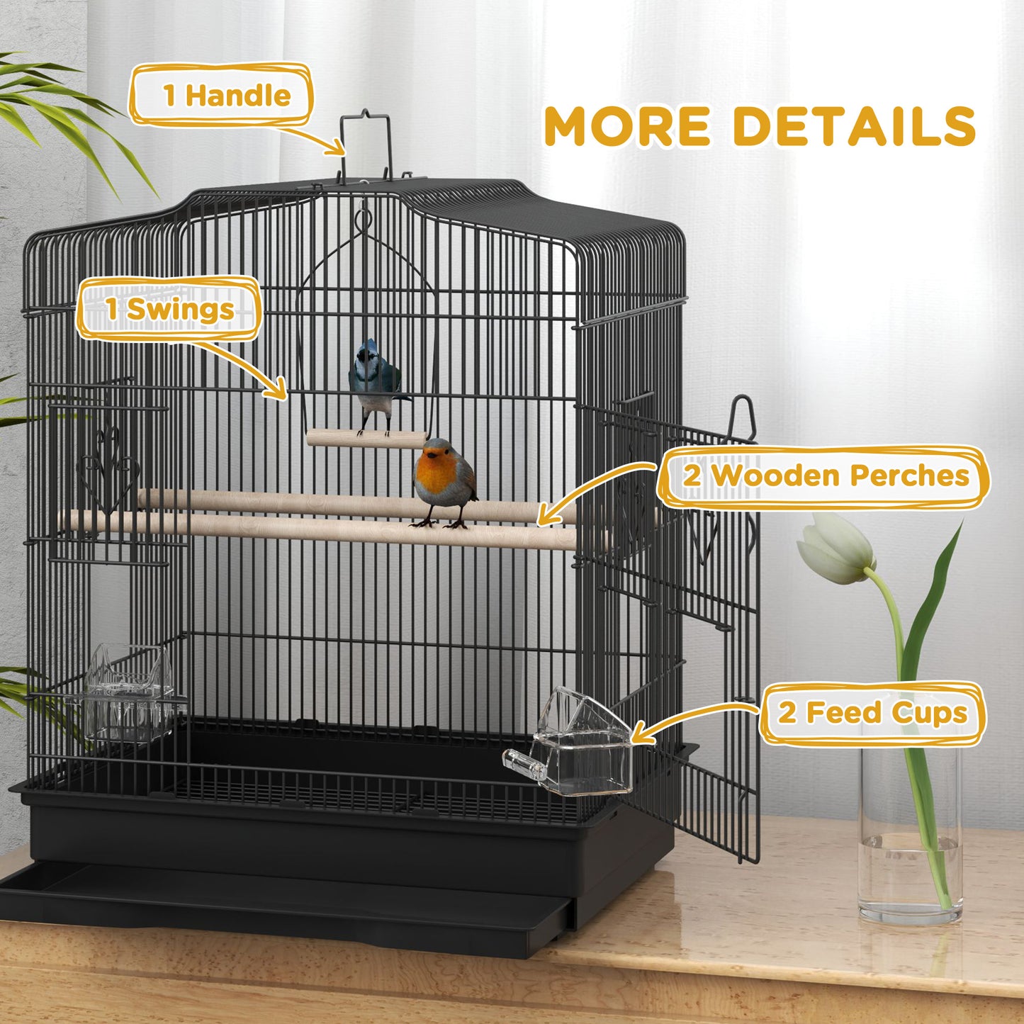 59cm Large Bird Cage with Perches, Food Bowls, Swing, Black