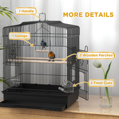 59cm Large Bird Cage with Perches, Food Bowls, Swing, Black