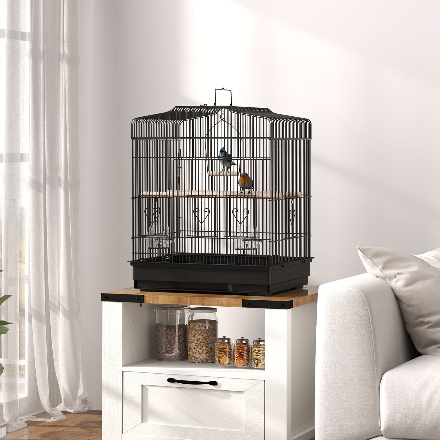 59cm Large Bird Cage with Perches, Food Bowls, Swing, Black
