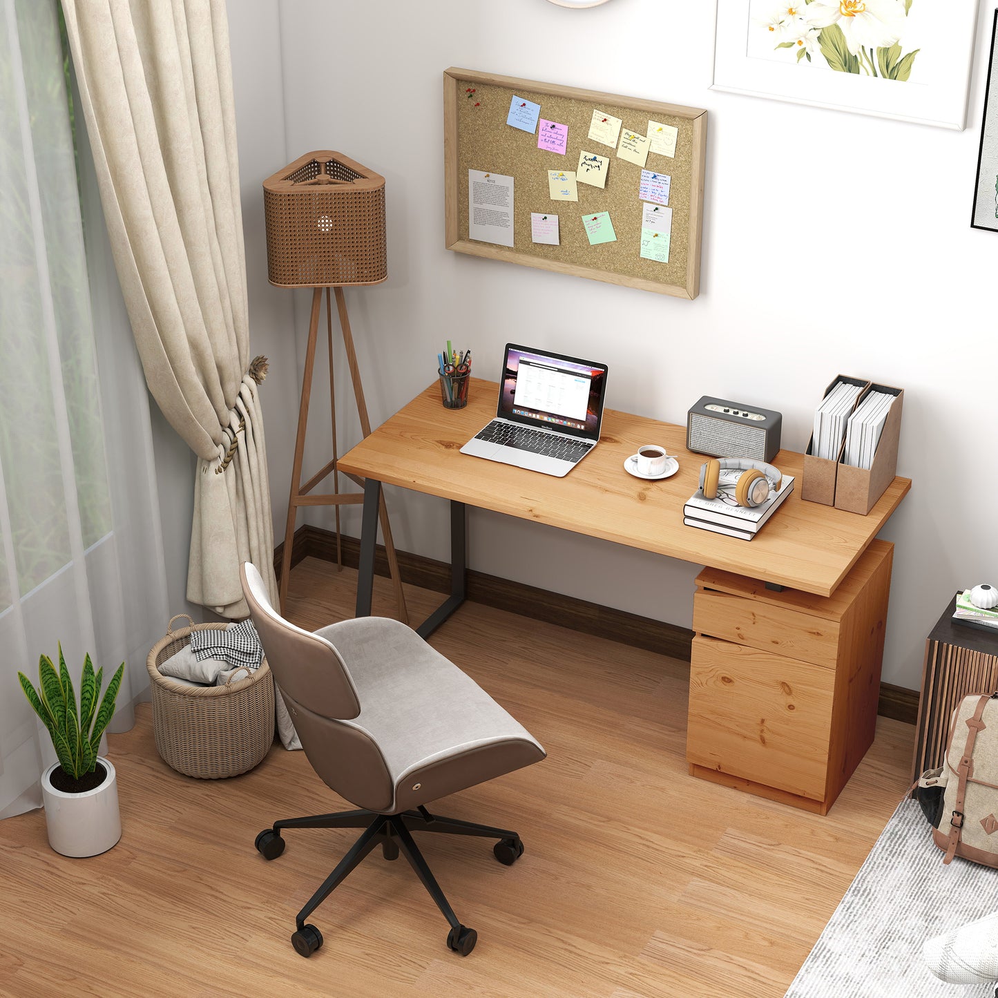 Computer Desk, Writing Table with Cabinet and Drawer, Natural