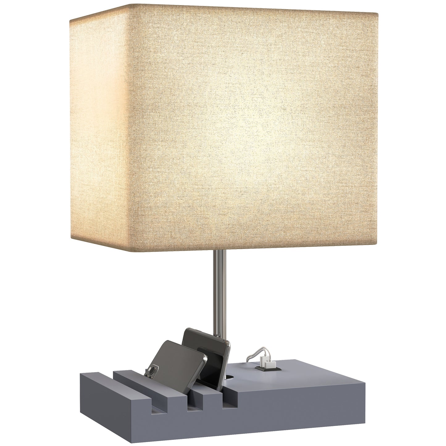 Table Lamp with 3 Slots, Bedside Lamp with Solid Wood Base, Grey