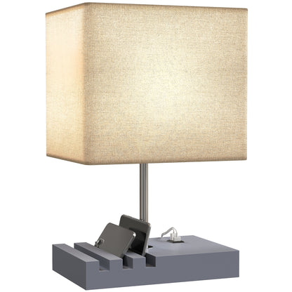 Table Lamp with 3 Slots, Bedside Lamp with Solid Wood Base, Grey