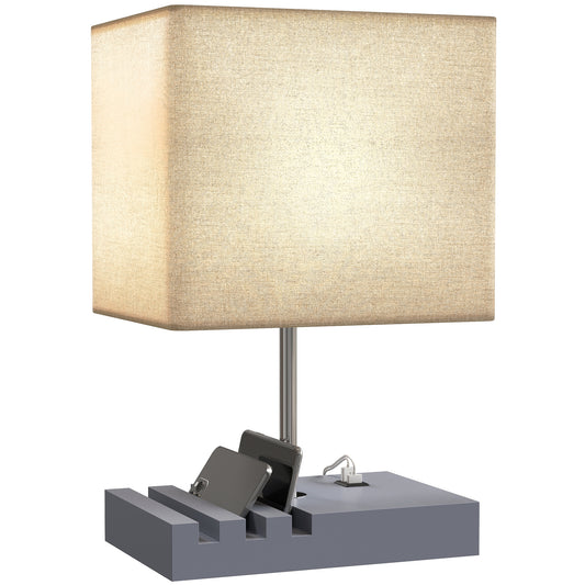 Table Lamp with 3 Slots, Bedside Lamp with Solid Wood Base, Grey