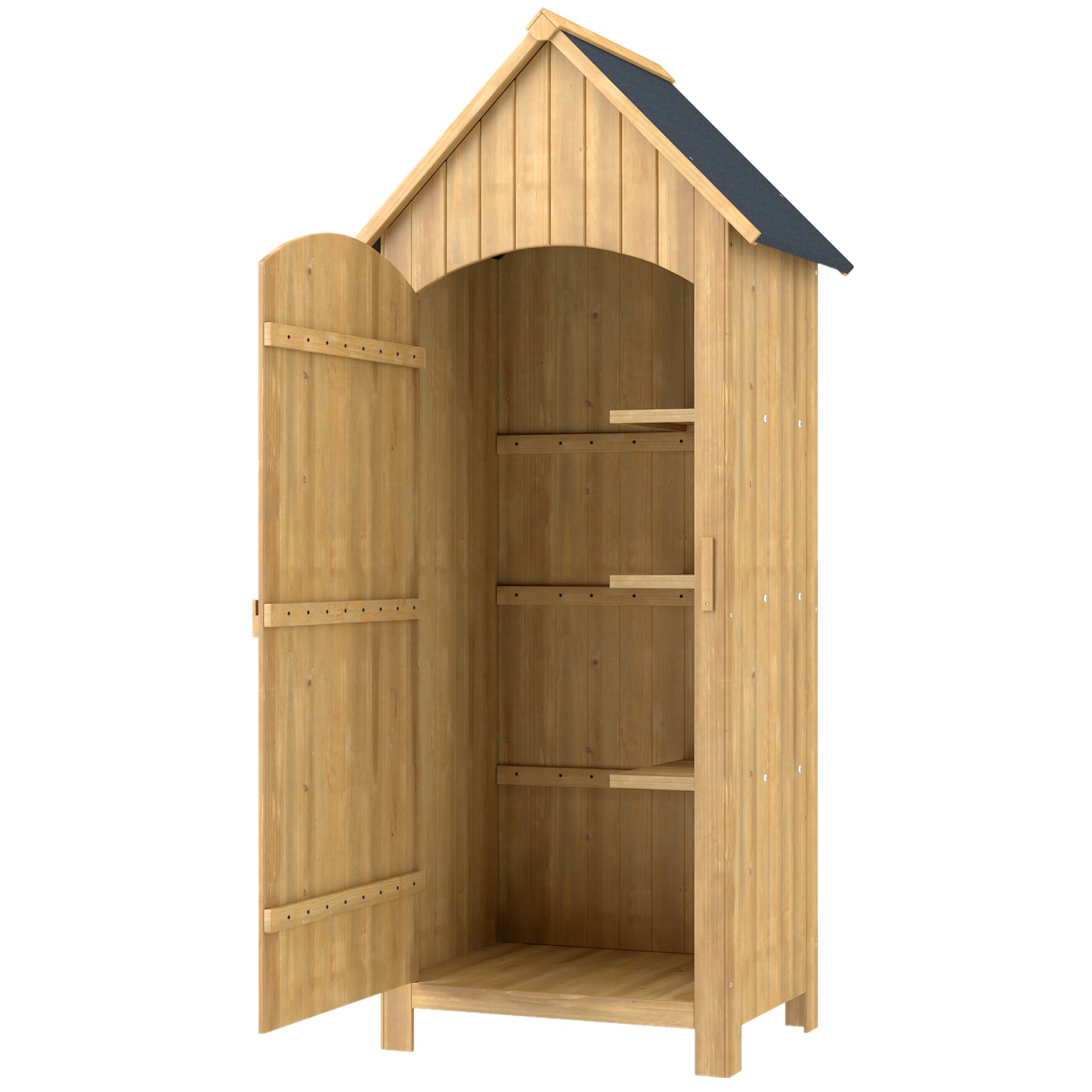Wooden Garden Storage Shed with 3 Shelves, Outdoor Tool Storage Cabinet with Tilt Roof and Lockable Door, 77.5 x 54.2 x 179.5 cm, Natural