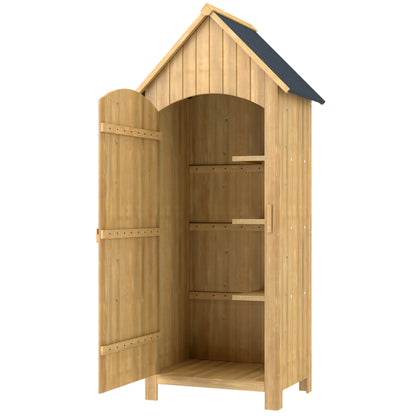 Wooden Garden Storage Shed with 3 Shelves, Outdoor Tool Storage Cabinet with Tilt Roof and Lockable Door, 77.5 x 54.2 x 179.5 cm, Natural