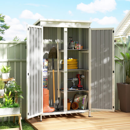 Garden Shed, Small Garden Storage Shed with 3 Removable Shelves and Double Doors, Fir Wood and Steel Tool Storage Cabinet for Tools, Equipment, White and Black
