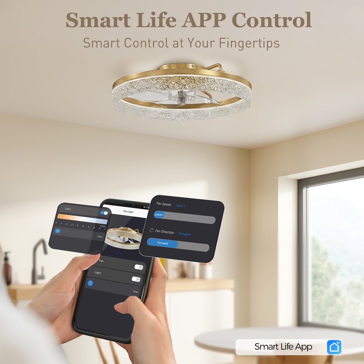 Ceiling Fans with Lights and Remote & App Control, 50 cm Modern LED Ceiling Fan Light with 3 Colour Temperatures, 6 Speed, Timer, Dimmable, Quiet Reversible DC Motor, for Bedroom, Study, Gold