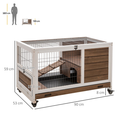Rabbit Cages, Guinea Pig Hutch w/ Roof & Wheels, No-Leak Tray, Brown