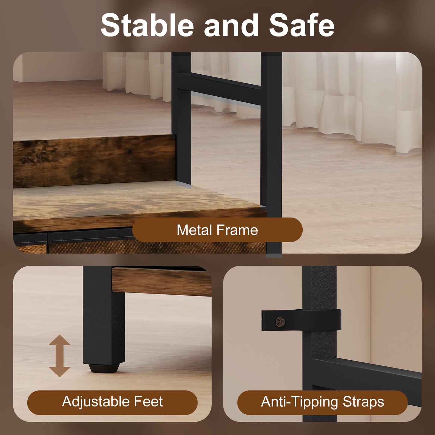 Industrial Bookshelf with 4 Shelves and 3 Fabric Drawers Rustic Brown