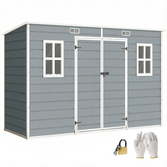10 x 4 ft Plastic Garden Shed with Floor, Lockable Doors, Grey