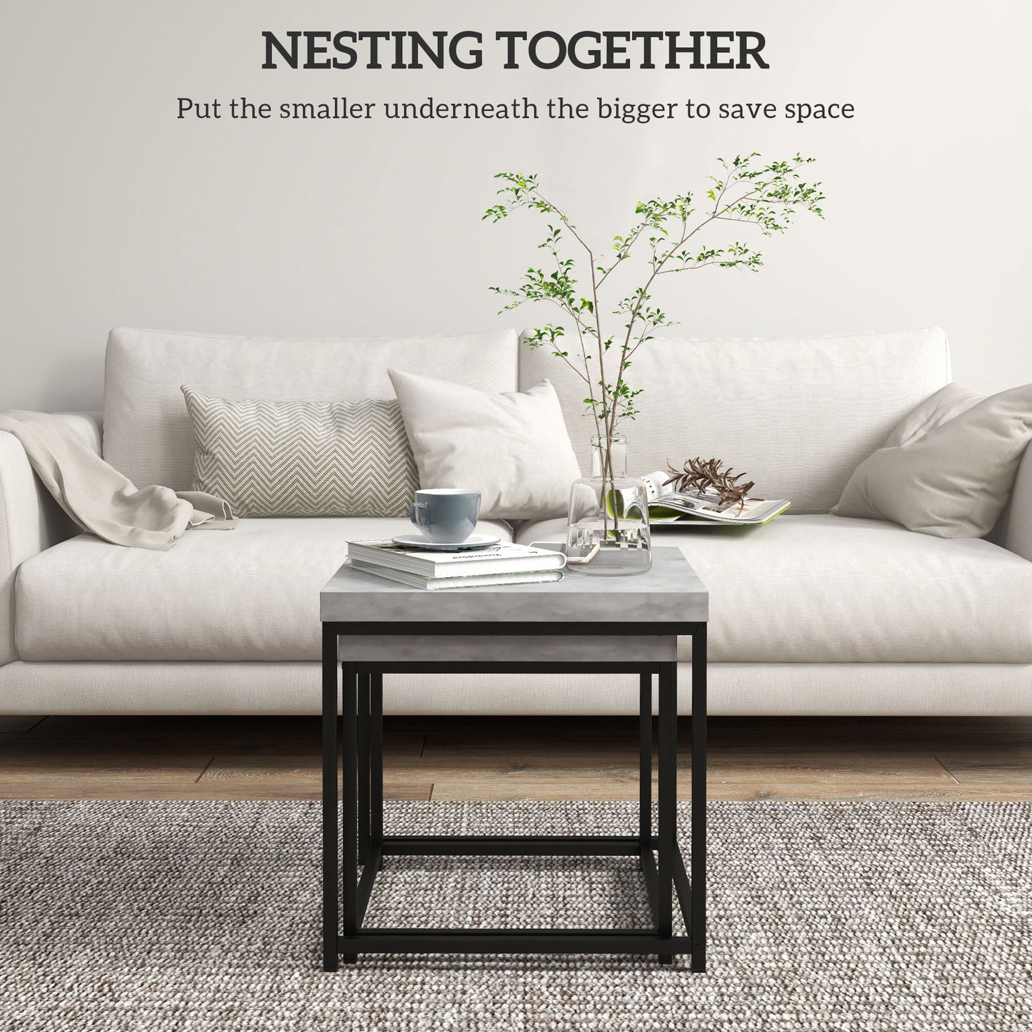 Coffee Table Set of 2, Nest of Tables with 3.5cm Thick Tabletop, Grey