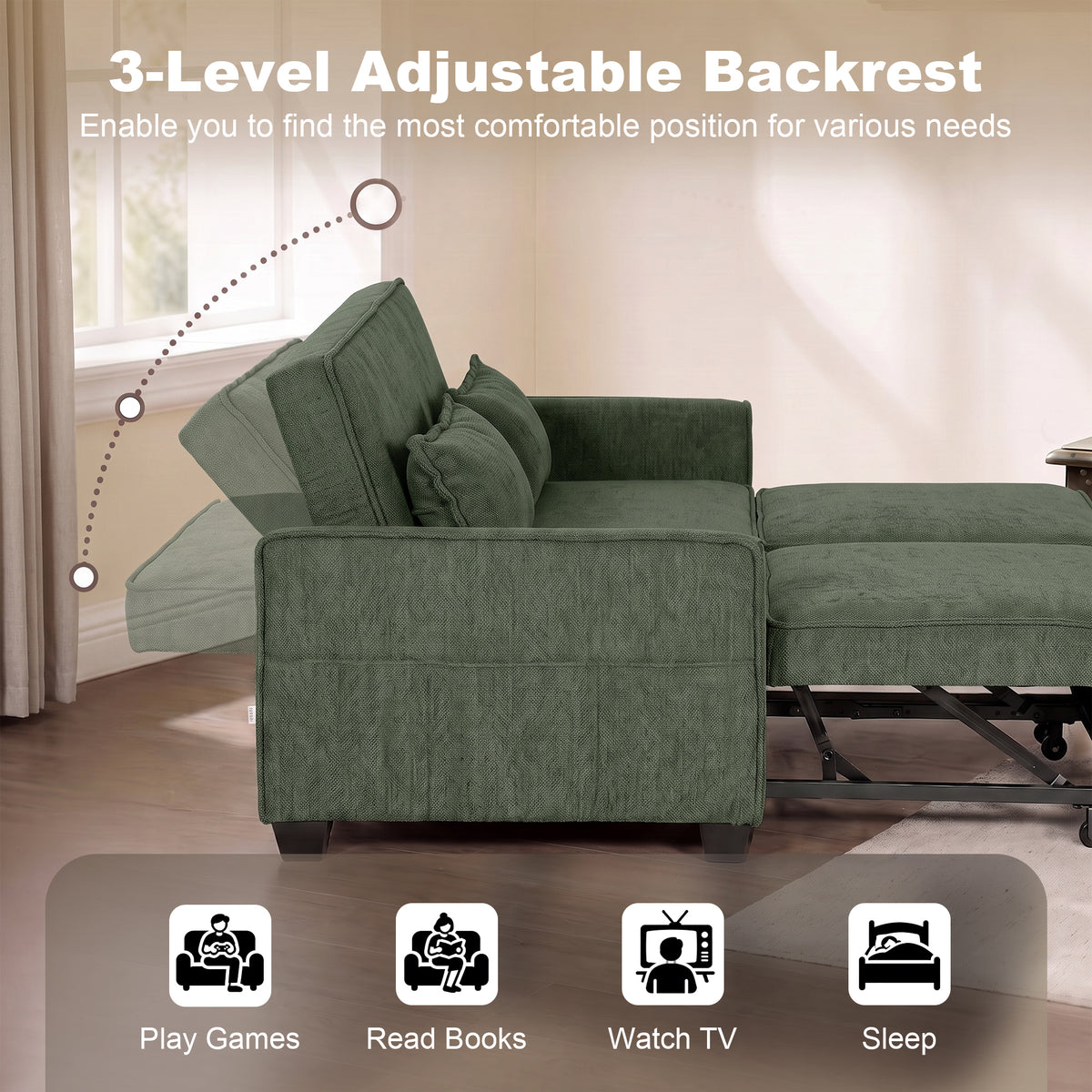 Sofa Bed, 4-in-1 Convertible Pull Out Sleeper Sofa, Dark Green