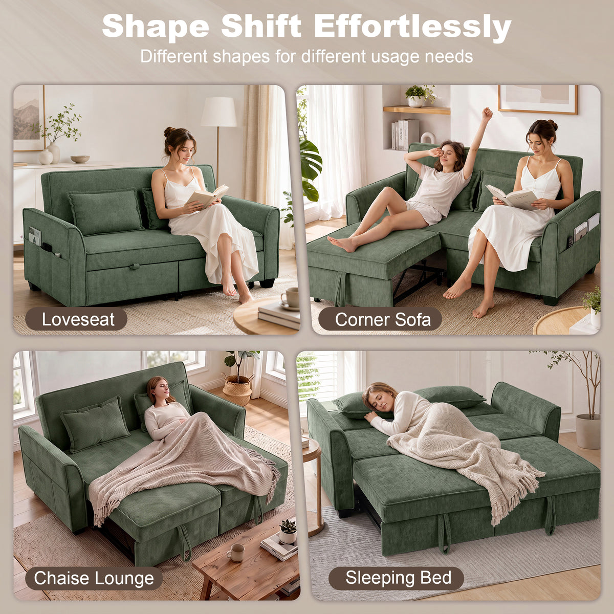 Sofa Bed, 4-in-1 Convertible Pull Out Sleeper Sofa, Dark Green