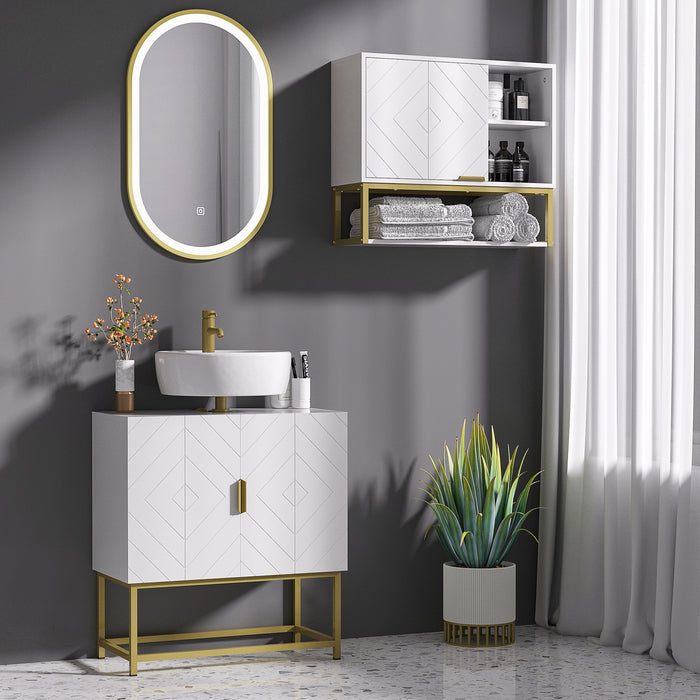 kleankin Bathroom Mirror Cabinet Under Sink Storage Cabinet Basin Cupboard with 2 Doors and Gold Steel Legs