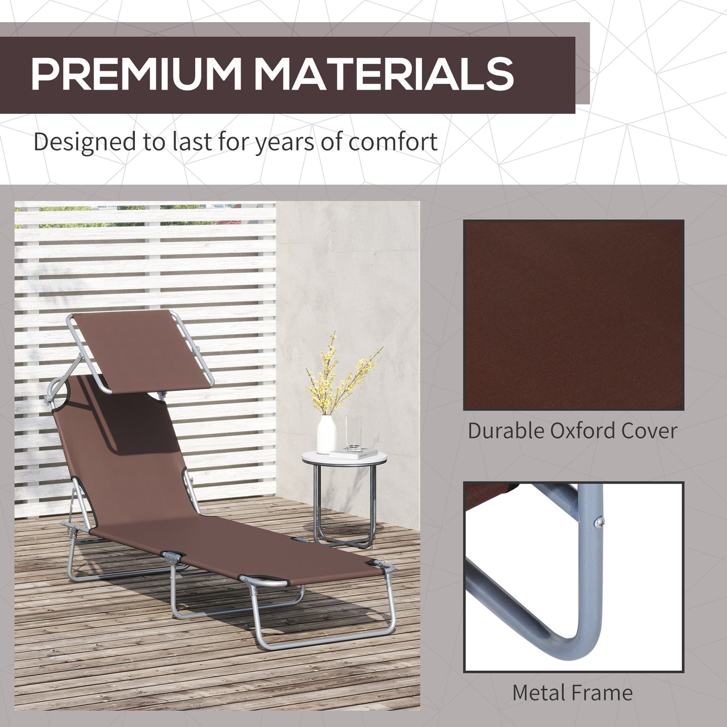 Reclining Chair Sun Lounger Folding Lounger Seat with Sun Shade Awning Beach Garden Outdoor Patio Lounger Adjustable (Brown)