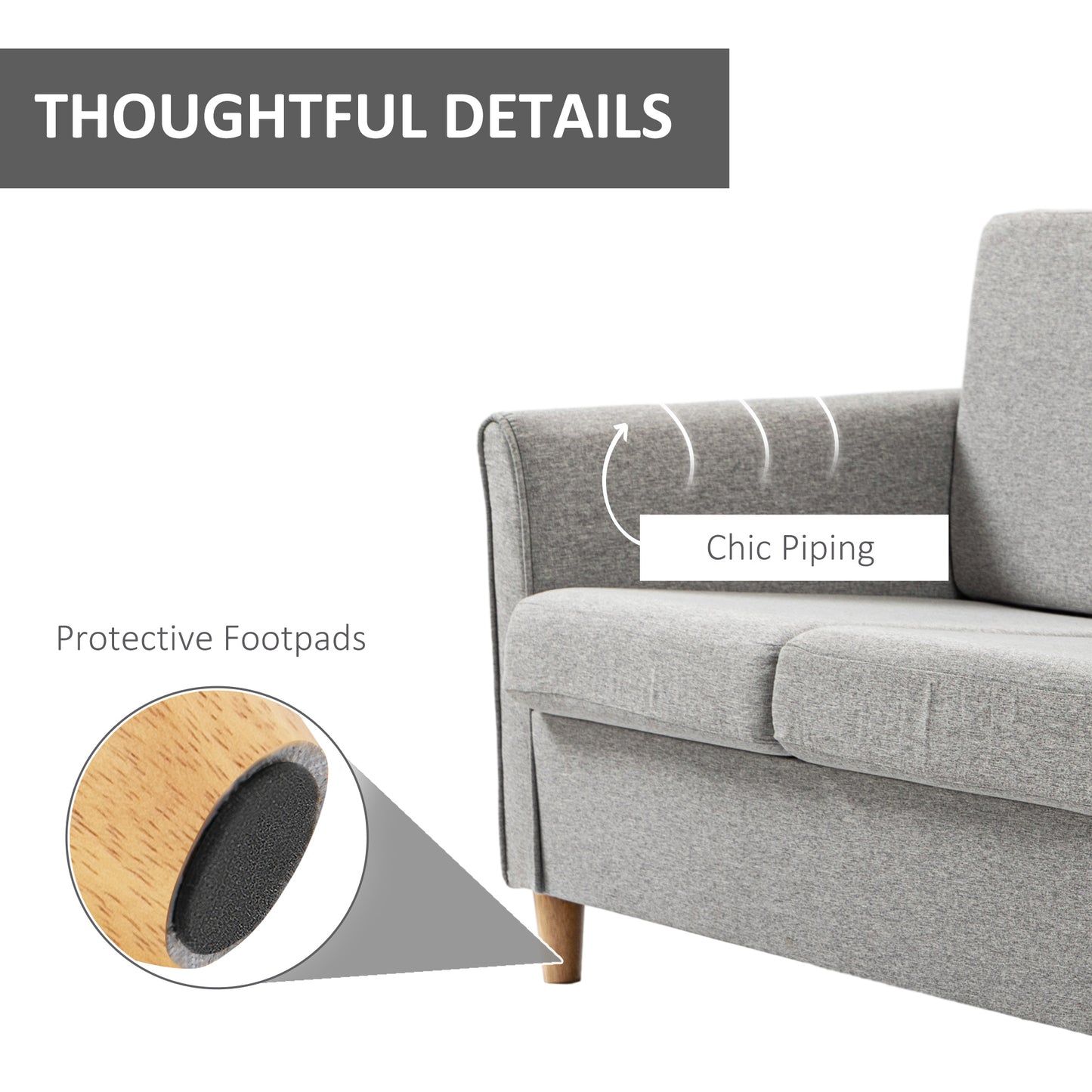 Compact Loveseat Sofa, Modern 2 Seater Sofa for Living Room with Wood Legs and Armrests, Grey