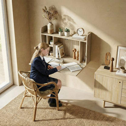 Wall Mounted Table w/ Space Saving Storage Compartments, Oak